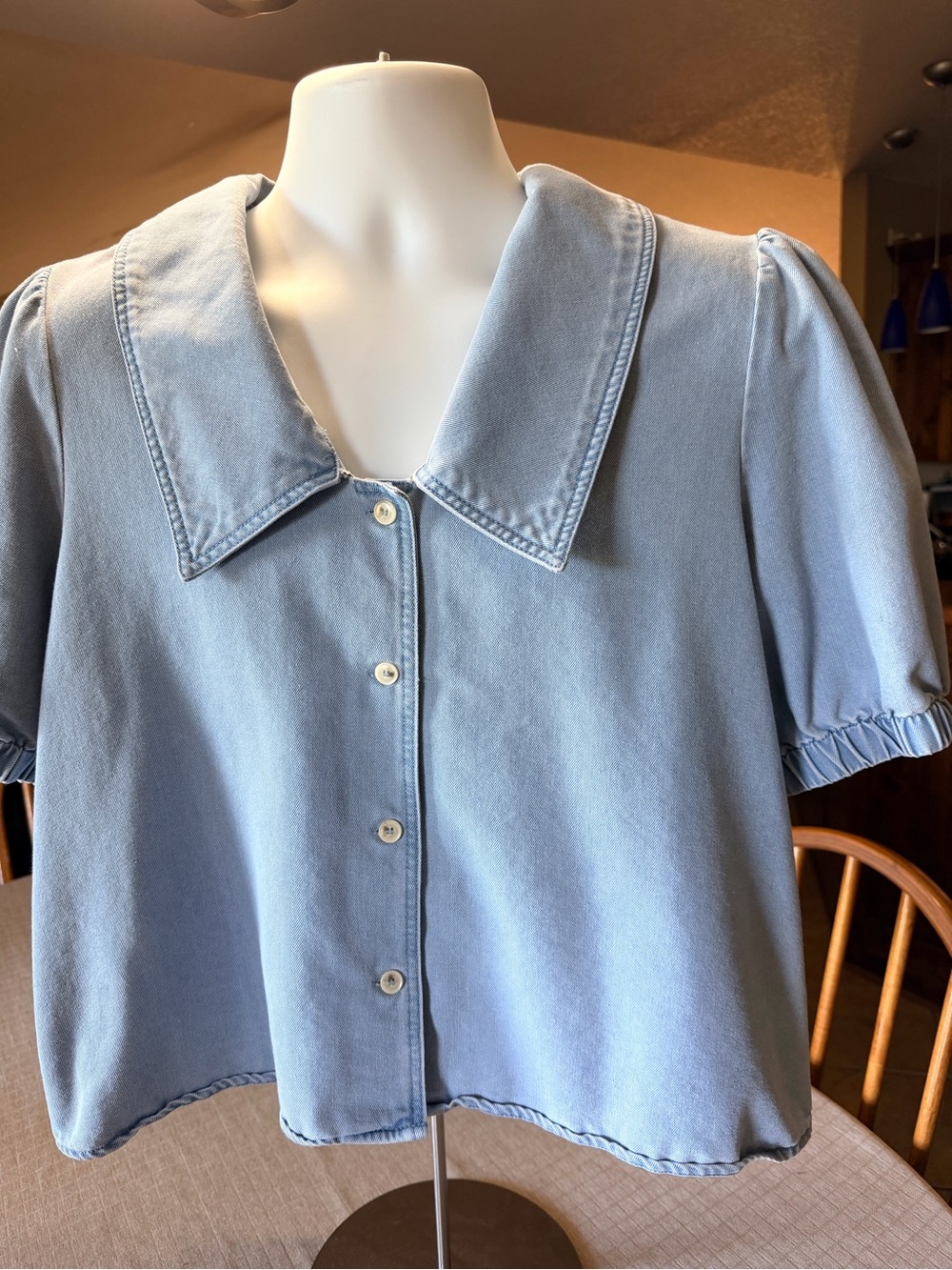 entro Dusty Light Blue Short Sleeve Button-Front Top with Wide Collar